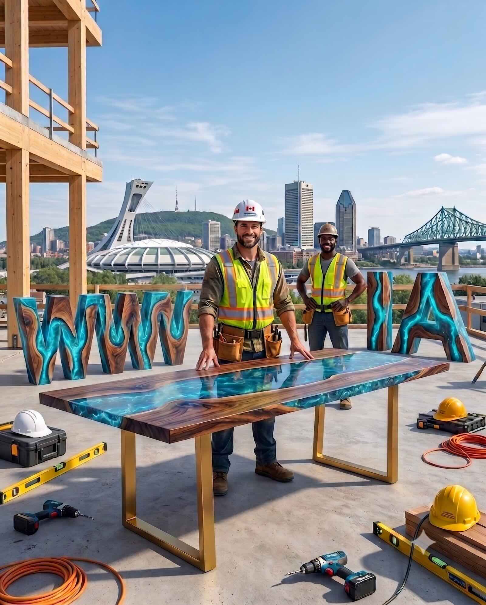 Deux entrepreneurs en construction souriants sur un chantier à Montréal devant les lettres illuminées WWW et IA, symbolisant le site web et la réceptionniste IA bâtis par AI Consultant SL